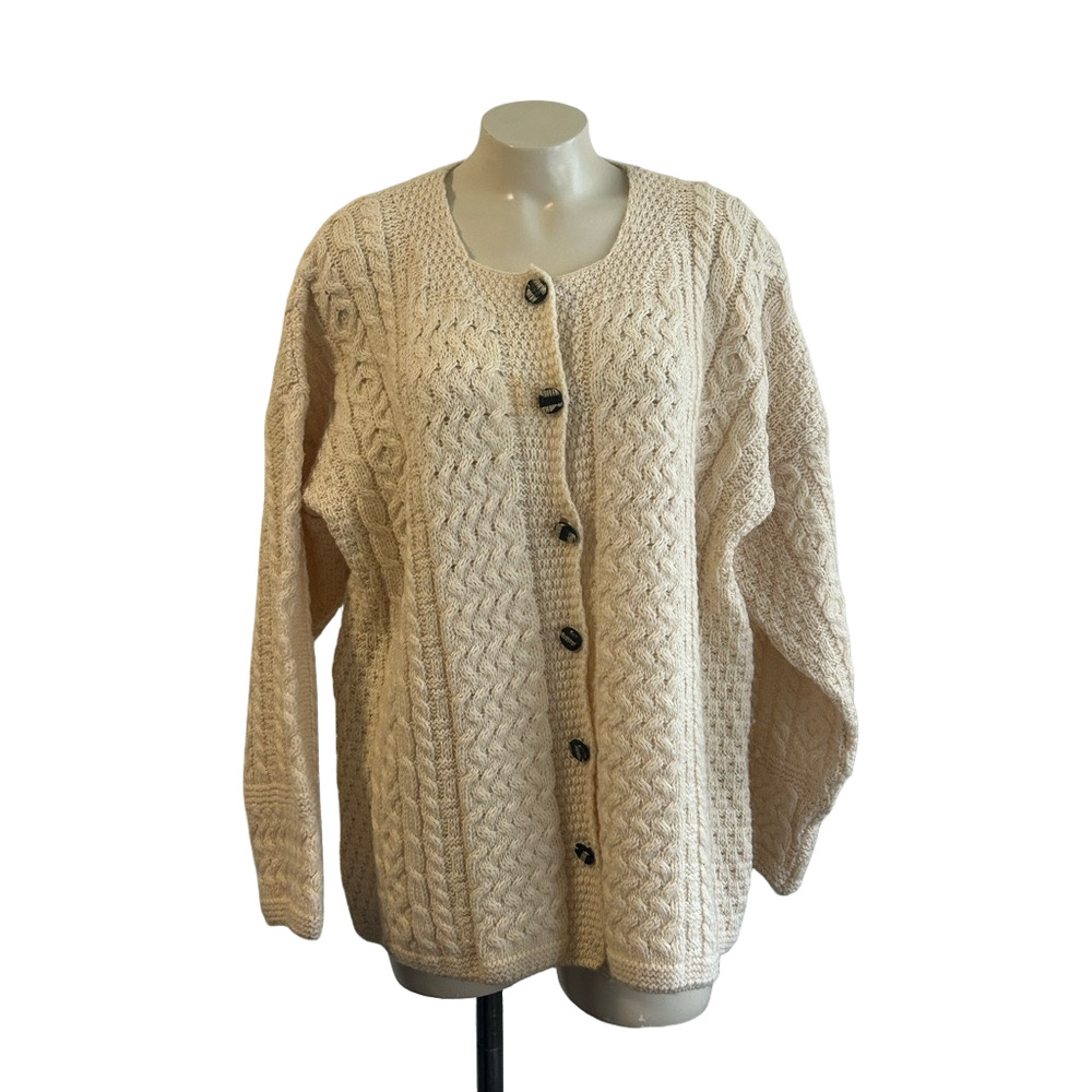 Carraig Donn vtg new wool Chunky Cream Cable Knit Cardigan Large as is ( stain )